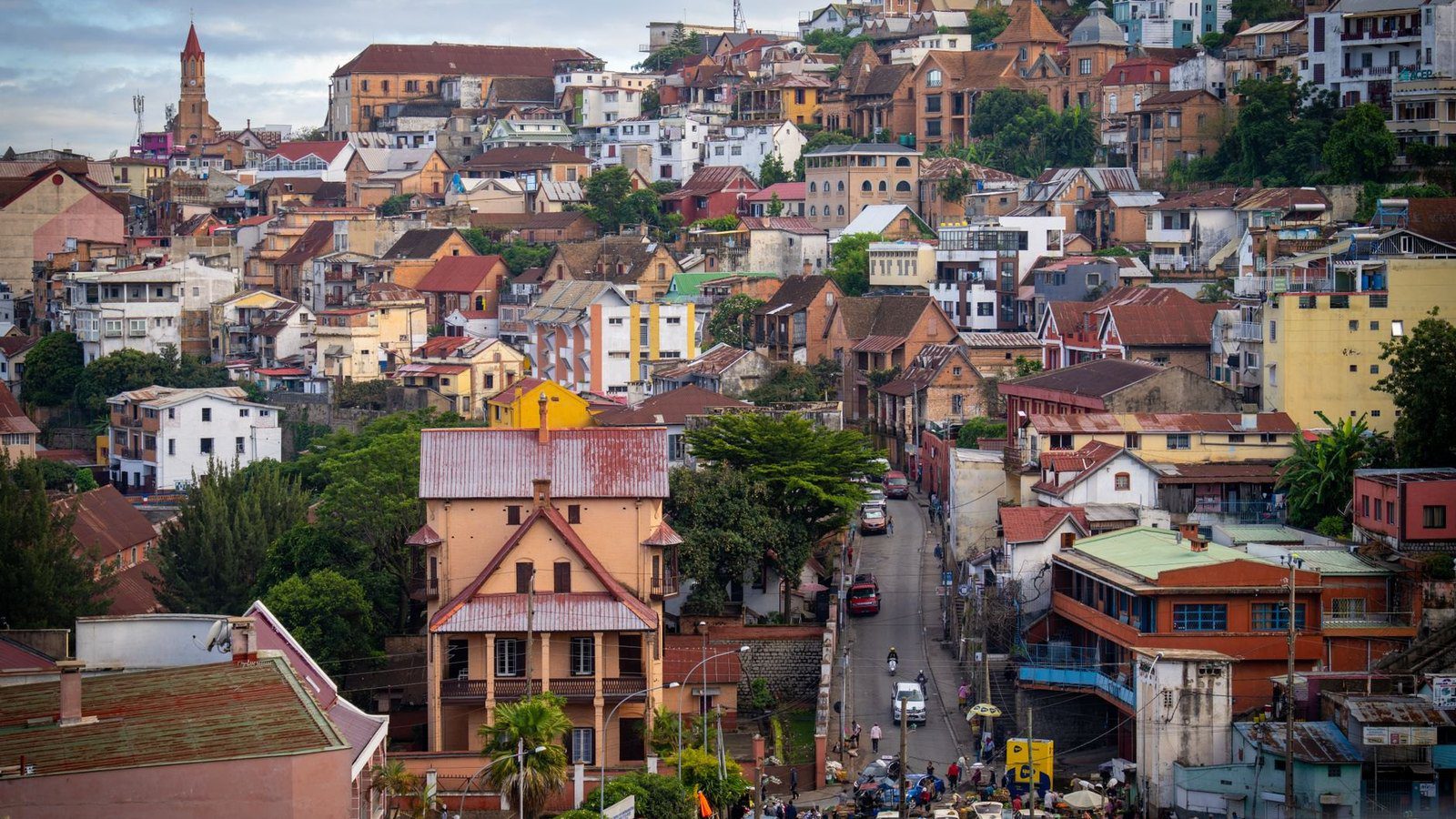 Scenic travel view of hillside cityscape and traditional houses in Antananarivo, Madagascar
