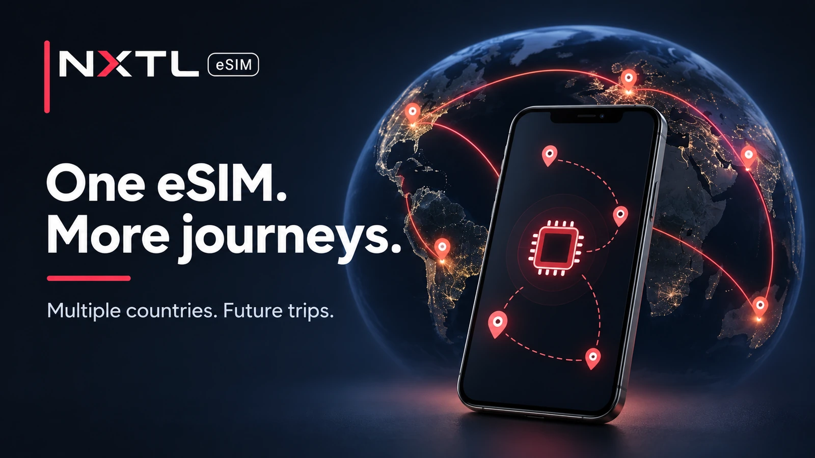 NXTL cover reading “One eSIM. More journeys.” beside a phone and a globe linked by travel routes.