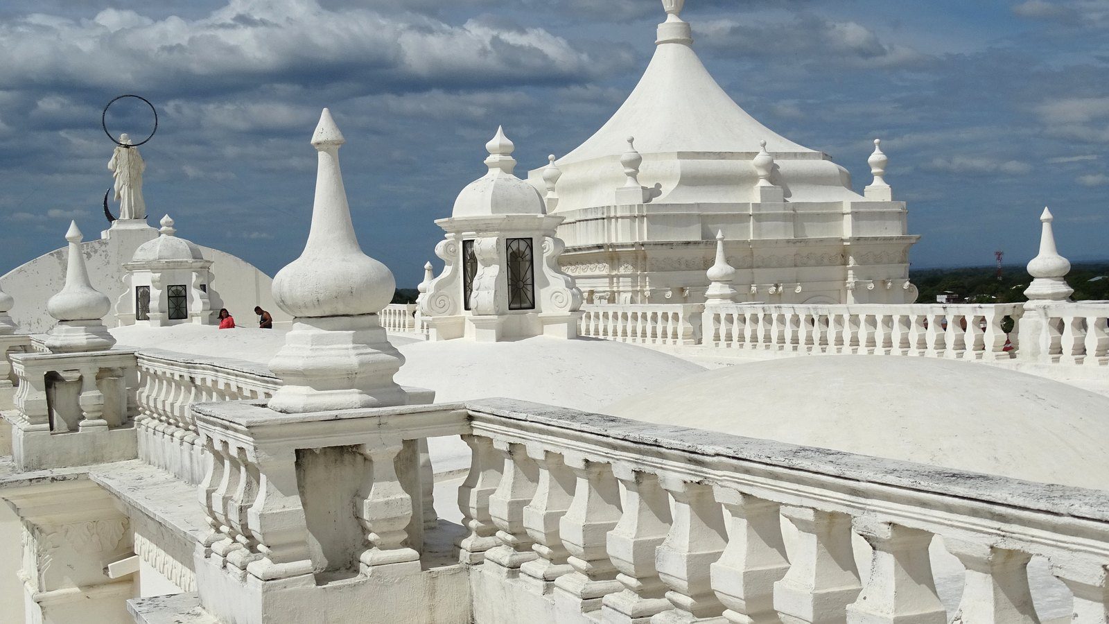 Scenic travel view of volcanic skyline from the rooftop of Cathedral of León, Nicaragua