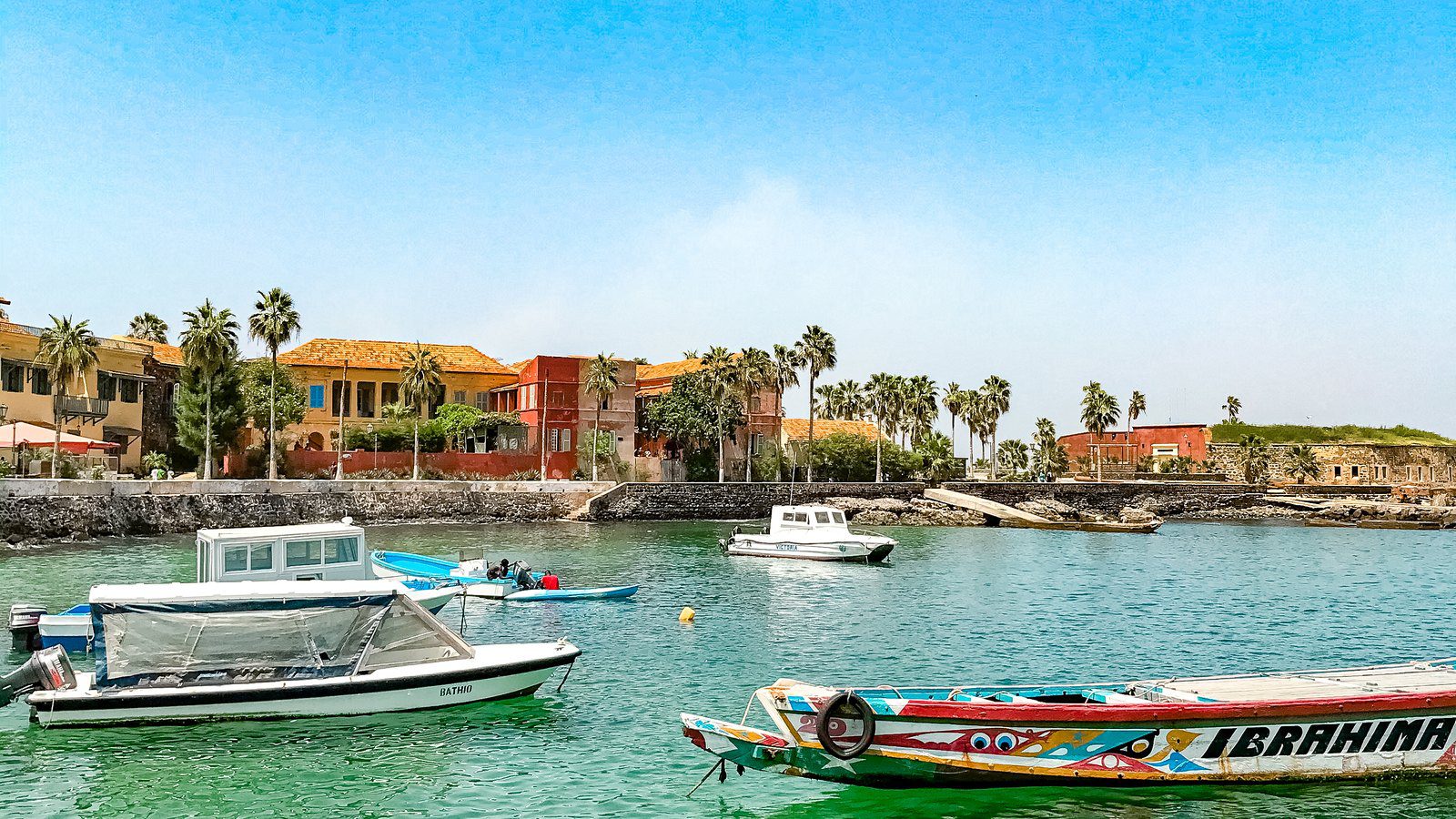 Scenic travel view of historic colonial architecture on Île de Gorée off Dakar, Senegal