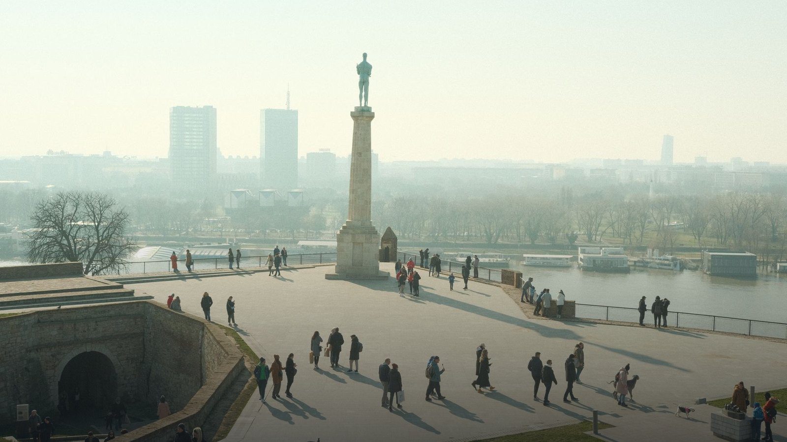 View from the stone battlements of Kalemegdan Fortress over the confluence of the Sava and Danube rivers in Belgrade