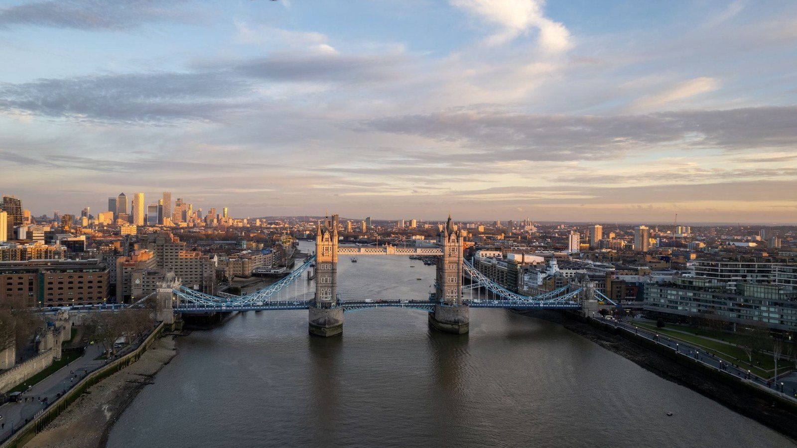 Victorian gothic towers and suspension cables of Tower Bridge over the River Thames